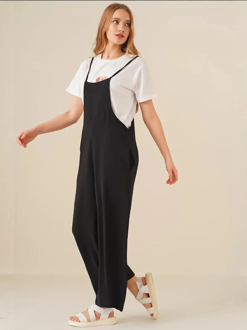 BIG DART Black BDART Relaxed Fit Wide Leg Jumpsuit with Square Collar for Women | Best Price UAE