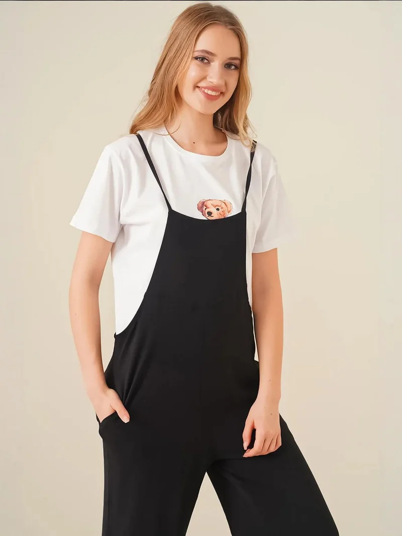 BIG DART Black BDART Relaxed Fit Wide Leg Jumpsuit with Square Collar for Women | Best Price UAE