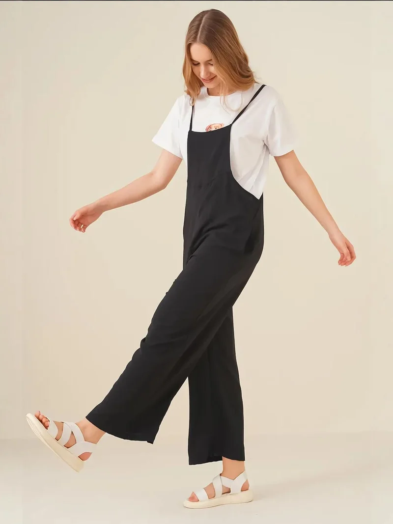 BIG DART Black BDART Relaxed Fit Wide Leg Jumpsuit with Square Collar for Women | Best Price UAE