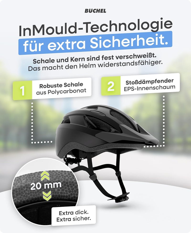 Büchel Bicycle Helmet with In-Mould Technology - Adjustable Fit for Kids & Adults - Black, White, Grey - Image 5