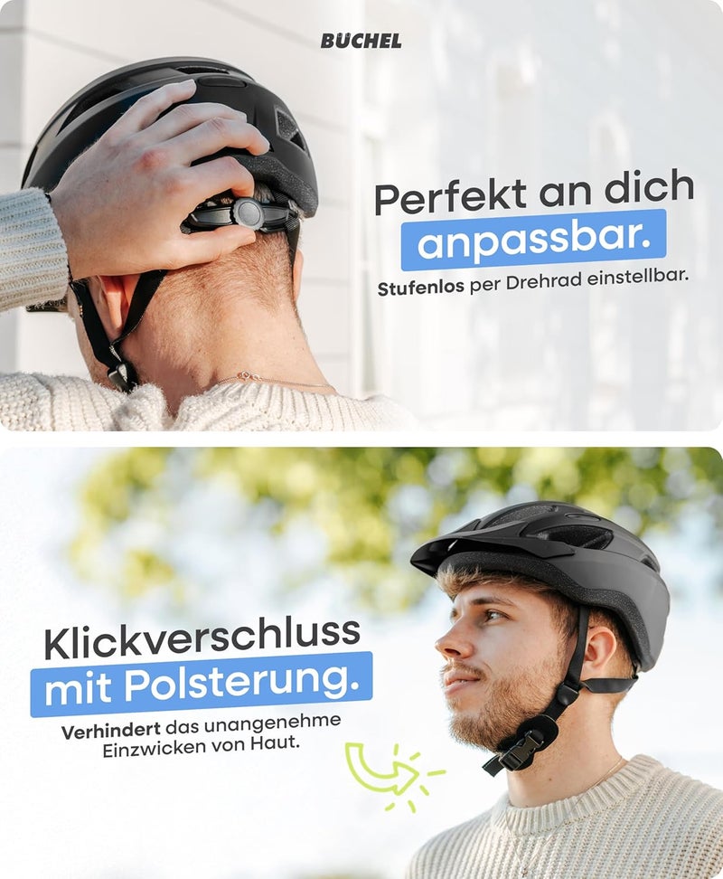 Büchel Bicycle Helmet with In-Mould Technology - Adjustable Fit for Kids & Adults - Black, White, Grey - Image 4