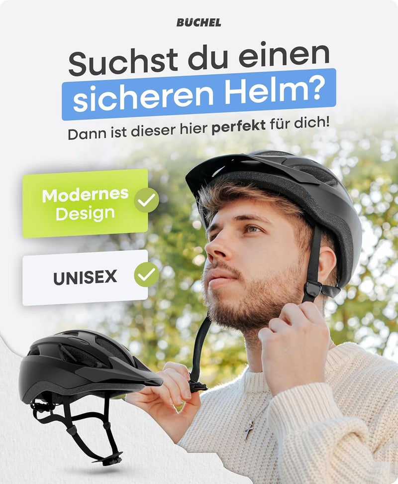 Büchel Bicycle Helmet with In-Mould Technology - Adjustable Fit for Kids & Adults - Black, White, Grey - Image 2