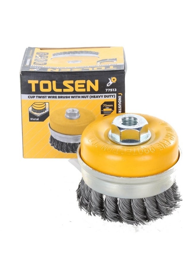 Tolsen 77513 Heavy Duty Twist Knot Cup Wire Brush 75mm – M14 x 2 Steel Wire Cup Brush for Angle Grinders, Rust & Paint Removal - Image 1