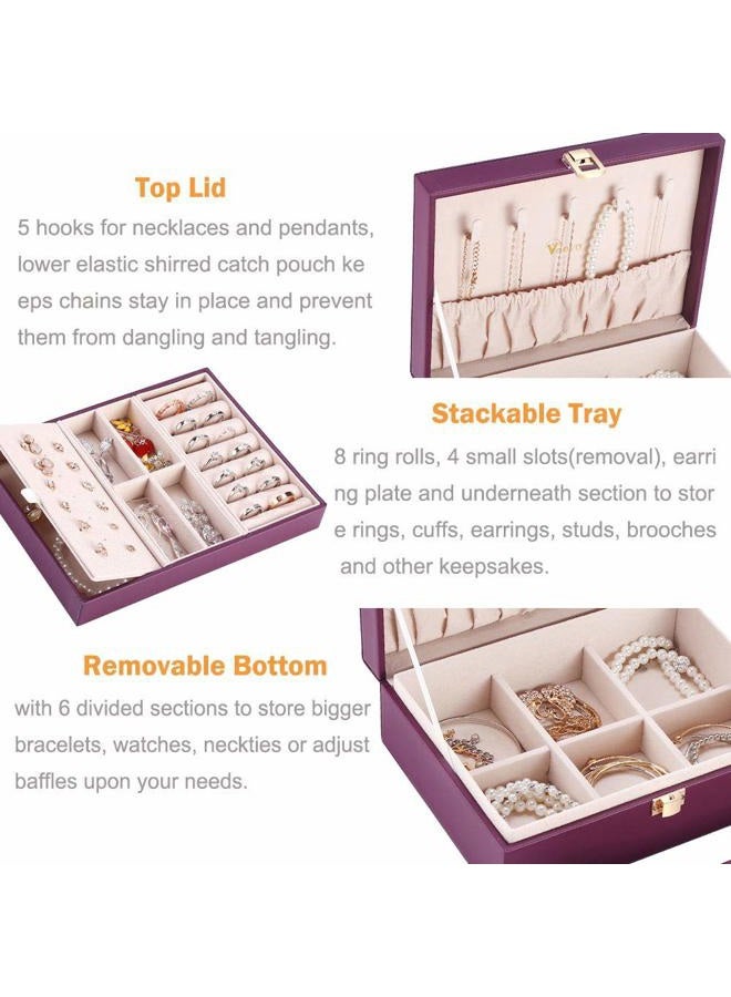 Voova Jewelry Box Organizer for Women Girls, 2 Layer Large Men Jewelry Storage Case, PU Leather Display Jewellery Holder with Removable Tray for Necklace Earrings Rings Bracelets, Vintage Gift, Purple - Image 2