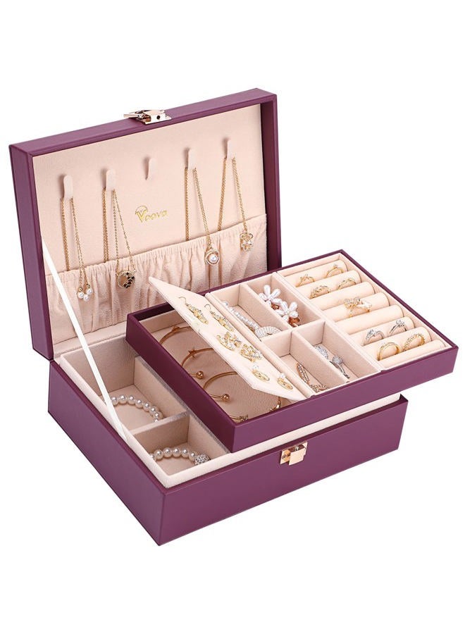 Voova Jewelry Box Organizer for Women Girls, 2 Layer Large Men Jewelry Storage Case, PU Leather Display Jewellery Holder with Removable Tray for Necklace Earrings Rings Bracelets, Vintage Gift, Purple - Image 1
