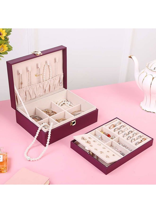 Voova Jewelry Box Organizer for Women Girls, 2 Layer Large Men Jewelry Storage Case, PU Leather Display Jewellery Holder with Removable Tray for Necklace Earrings Rings Bracelets, Vintage Gift, Purple - Image 4