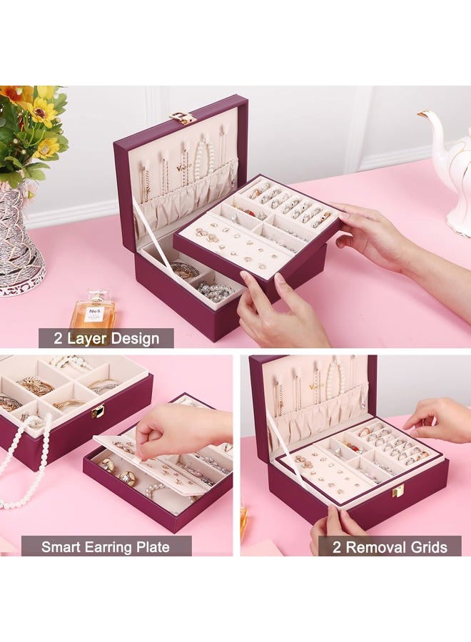 Voova Jewelry Box Organizer for Women Girls, 2 Layer Large Men Jewelry Storage Case, PU Leather Display Jewellery Holder with Removable Tray for Necklace Earrings Rings Bracelets, Vintage Gift, Purple - Image 3