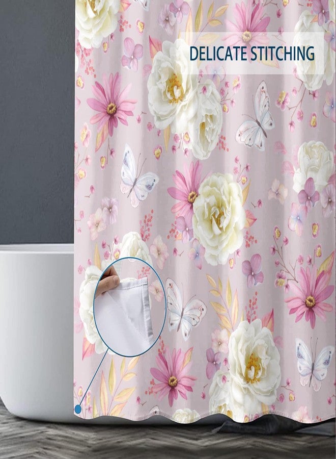 Nuseiis Pink Floral Shower Curtains, Watercolor White Roses Pink Pyrethrum Flower and Butterflies Shower Curtains, Waterproof Fabric Spring Floral Pattern Bathroom Shower Curtain, 72 x 72 Inch - Image 5