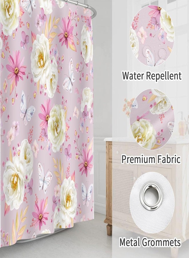 Nuseiis Pink Floral Shower Curtains, Watercolor White Roses Pink Pyrethrum Flower and Butterflies Shower Curtains, Waterproof Fabric Spring Floral Pattern Bathroom Shower Curtain, 72 x 72 Inch - Image 4
