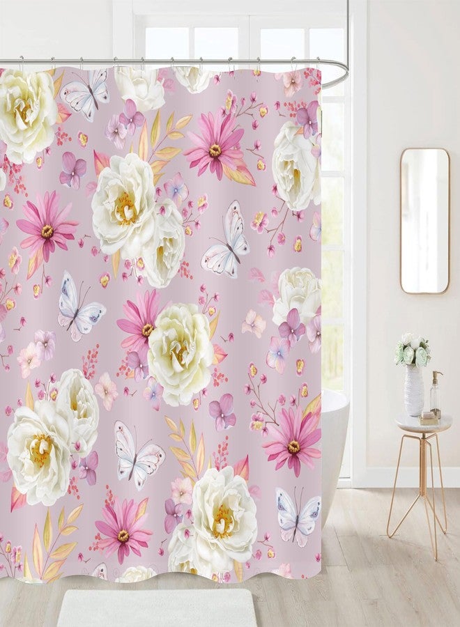 Nuseiis Pink Floral Shower Curtains, Watercolor White Roses Pink Pyrethrum Flower and Butterflies Shower Curtains, Waterproof Fabric Spring Floral Pattern Bathroom Shower Curtain, 72 x 72 Inch - Image 1