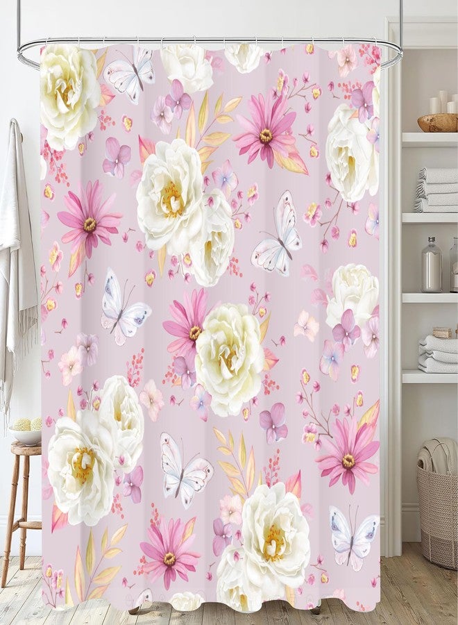 Nuseiis Pink Floral Shower Curtains, Watercolor White Roses Pink Pyrethrum Flower and Butterflies Shower Curtains, Waterproof Fabric Spring Floral Pattern Bathroom Shower Curtain, 72 x 72 Inch - Image 2