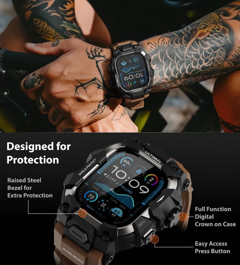 ULTIMAL Rugged Case with Band for Apple Watch 49mm,Compatible with Apple Watch Ultra 3/2/1, Military Grade Shockproof Bumper Cover for iWatch Tactical Band Men (Coffee Brown, 49mm) - Image 3