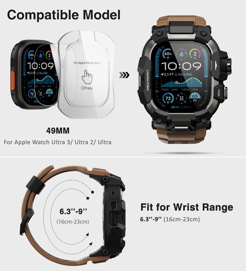 ULTIMAL Rugged Case with Band for Apple Watch 49mm,Compatible with Apple Watch Ultra 3/2/1, Military Grade Shockproof Bumper Cover for iWatch Tactical Band Men (Coffee Brown, 49mm) - Image 2