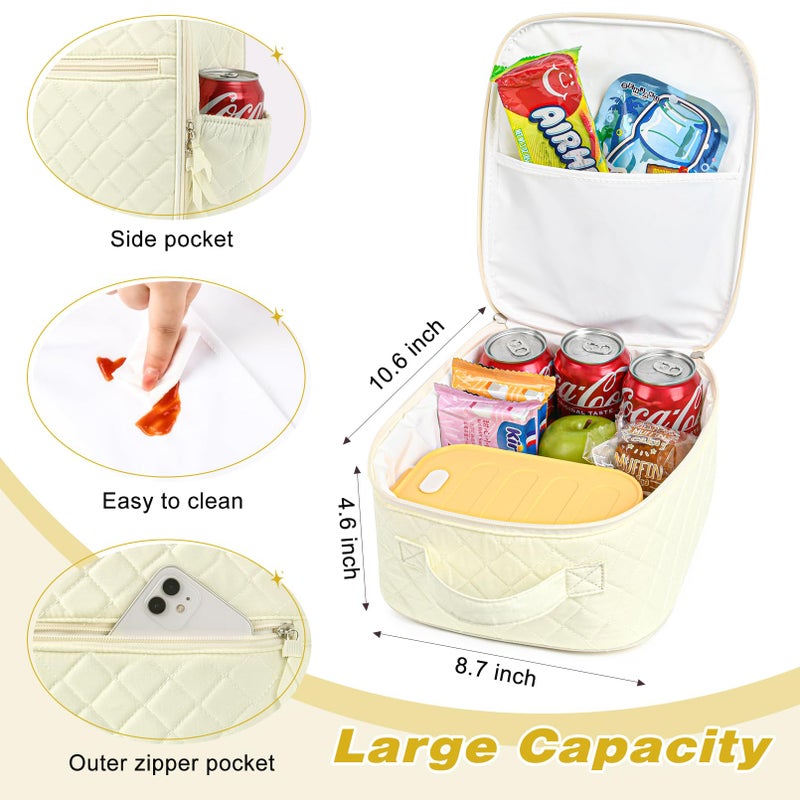 Aileam Lunch Box Lunch Bag for Women Cute Girls Lunch Box Insulated Womens Lunch Bag For Work Quilted Large Capacity Reusable Insulated Cooler for Work School Picnic Travel, Cream White - Image 2
