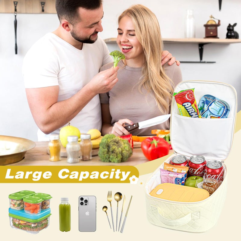 Aileam Lunch Box Lunch Bag for Women Cute Girls Lunch Box Insulated Womens Lunch Bag For Work Quilted Large Capacity Reusable Insulated Cooler for Work School Picnic Travel, Cream White - Image 5