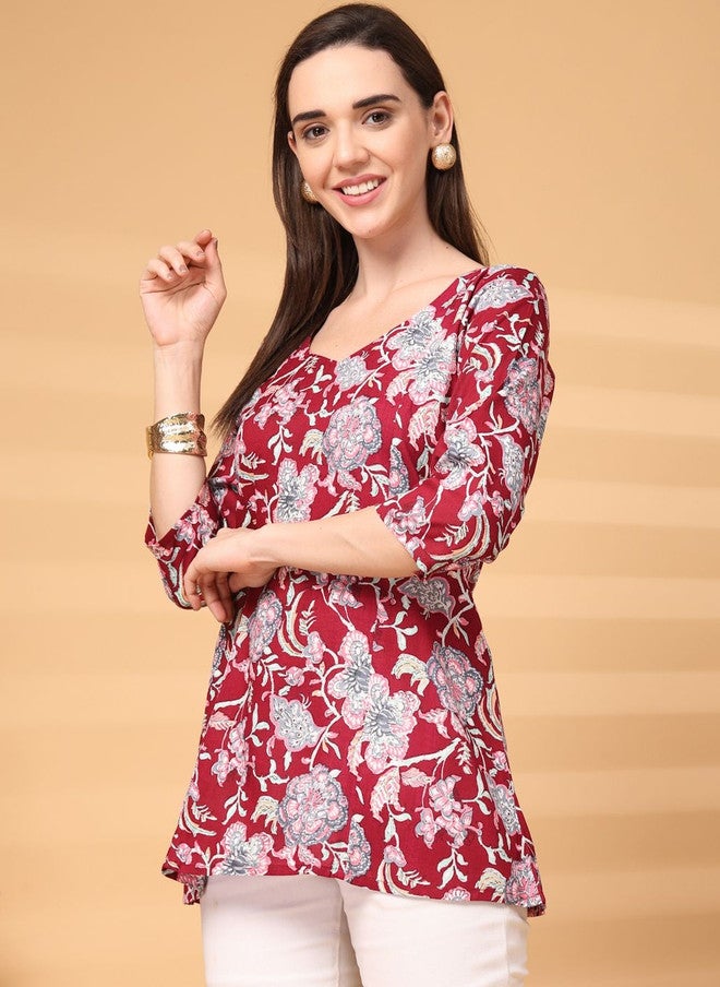 LARGISH Floral Printed V-Neck Kurti in Maroon - Image 5