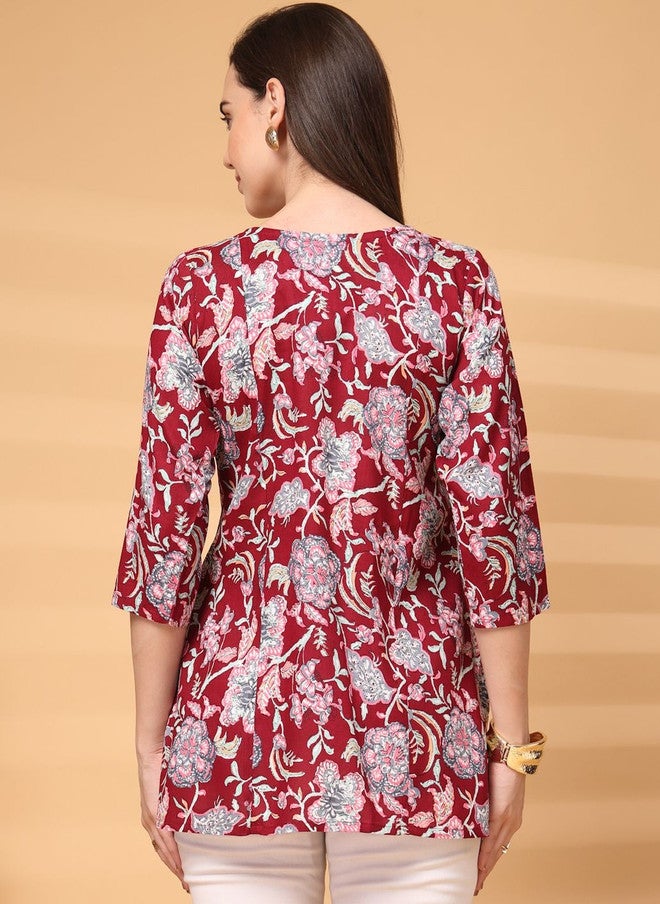 LARGISH Floral Printed V-Neck Kurti in Maroon - Image 2