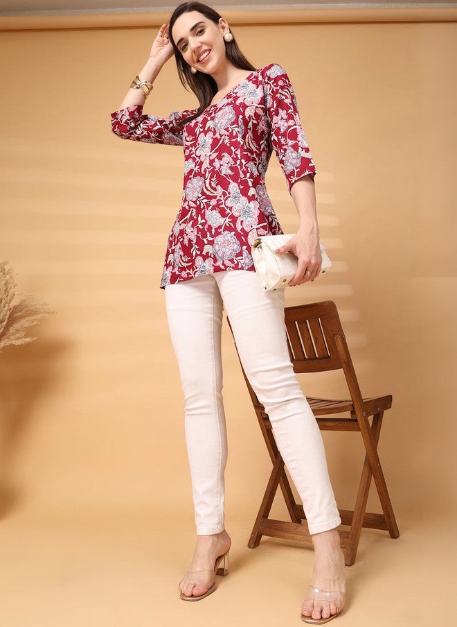 LARGISH Floral Printed V-Neck Kurti in Maroon - Image 4