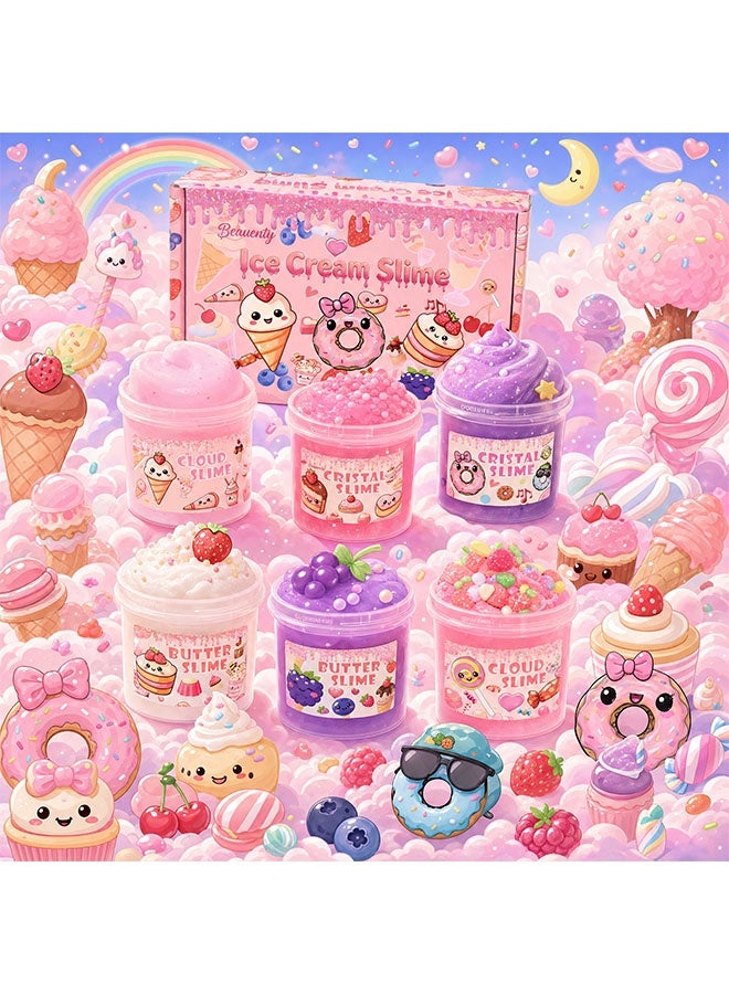 بيوينتي 6 Pack Slimes, Ice Cream Premade Slime Box for Kids, Butter Cloud Crystal Slime Kit with Charms, Toys for Girls Boys, Birthday Party Favors Goodie Bag Stuffers, Ages 3 4 5 6 7 8 9 10 11 12 - Image 3