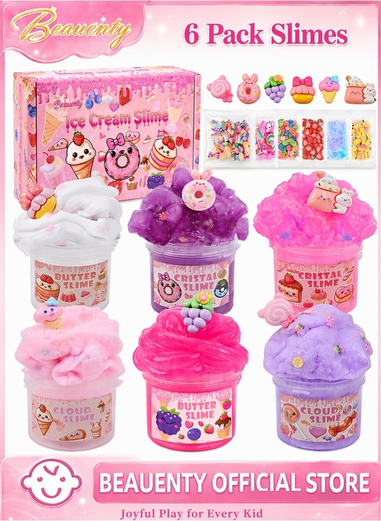 بيوينتي 6 Pack Slimes, Ice Cream Premade Slime Box for Kids, Butter Cloud Crystal Slime Kit with Charms, Toys for Girls Boys, Birthday Party Favors Goodie Bag Stuffers, Ages 3 4 5 6 7 8 9 10 11 12 - Image 1