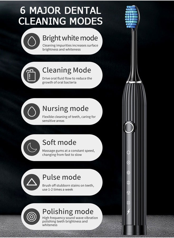 Sonic Electric Toothbrush - with 10 Brush Heads and Travel Case - 180 Days on a Single Charge - 6 Modes - 42000 high-Frequency Vibration - 2 Minutes Built-in Smart Timer for Adults and Teenagers (Black)