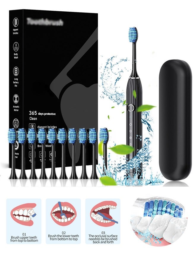 Unique Sonic Electric Toothbrush - with 10 Brush Heads and Travel Case - 180 Days on a Single Charge - 6 Modes - 42000 high - Frequency Vibration - 365 Days Protective Clean - 2 Minutes Built-in Smart Timer for Adults and Teenagers (Black) - Image 1