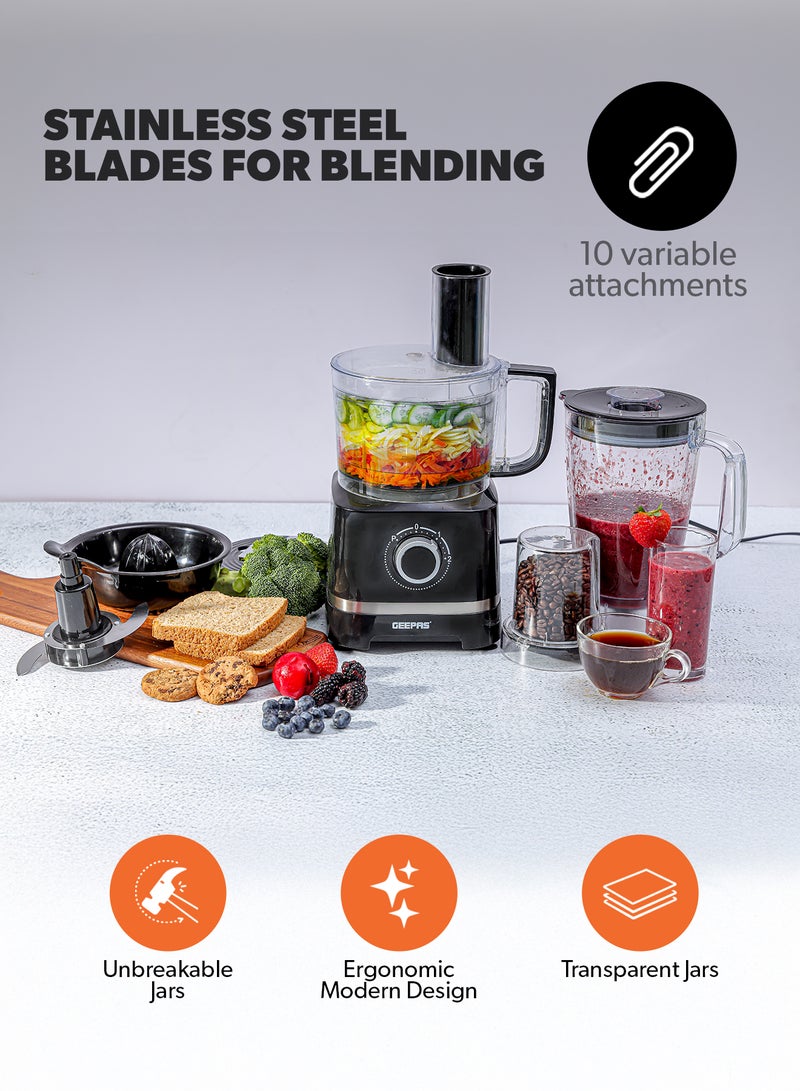 GEEPAS 10-IN-1 Food Processor| Transparent Jars with Stainless Steel Blades for Blending, Slicing, Shredding, Cutting, Chopping, Whisking, and More| Unique Detachable Attachments, Stainless Steel Housing and Rich in Design| 2 Speed Control with Pulse 800 W GSB5487 Black - Image 2
