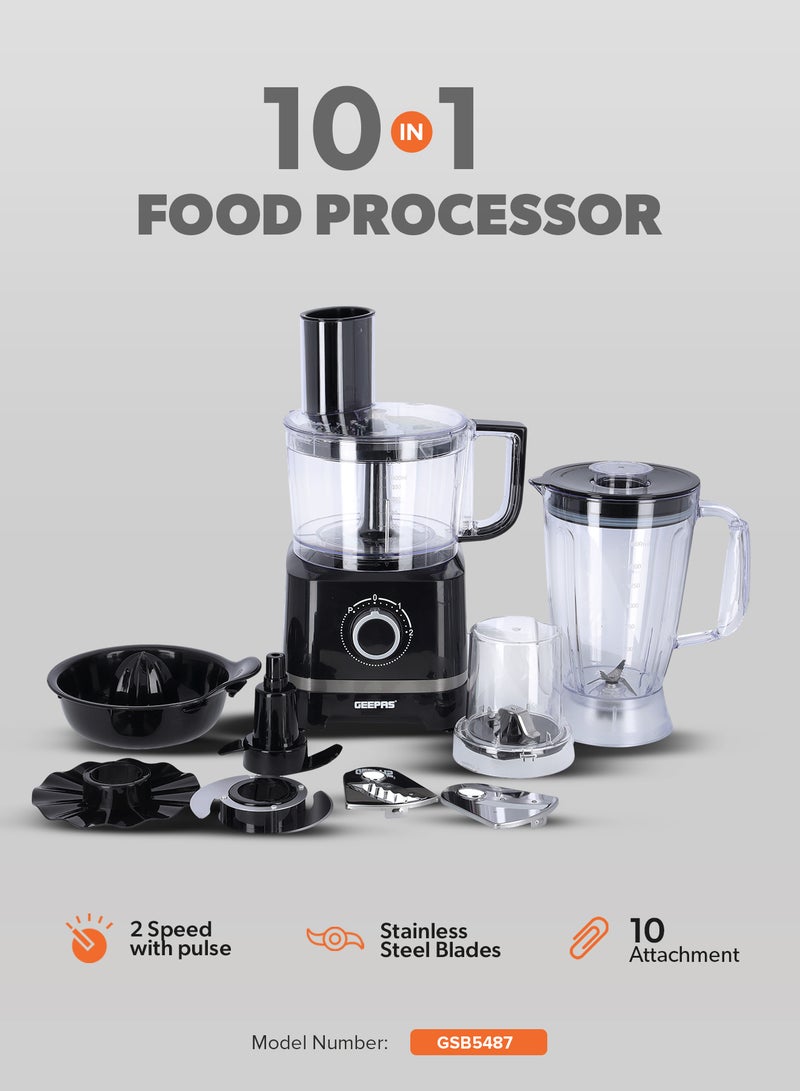 GEEPAS 10-IN-1 Food Processor| Transparent Jars with Stainless Steel Blades for Blending, Slicing, Shredding, Cutting, Chopping, Whisking, and More| Unique Detachable Attachments, Stainless Steel Housing and Rich in Design| 2 Speed Control with Pulse 800 W GSB5487 Black - Image 1