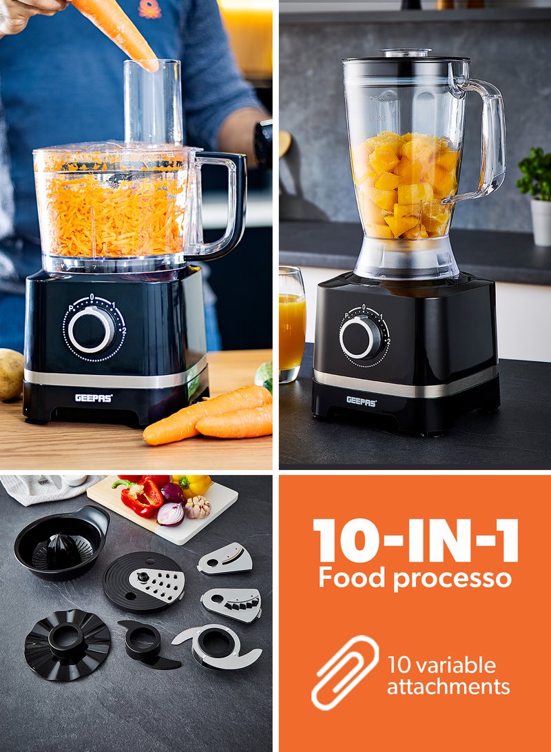 GEEPAS 10-IN-1 Food Processor| Transparent Jars with Stainless Steel Blades for Blending, Slicing, Shredding, Cutting, Chopping, Whisking, and More| Unique Detachable Attachments, Stainless Steel Housing and Rich in Design| 2 Speed Control with Pulse 800 W GSB5487 Black - Image 3
