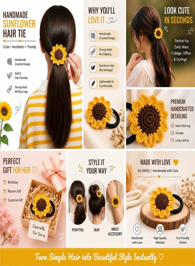 craftelio Handmade Crochet Sunflower Hair Tie for Women & Girls | Aesthetic Scrunchie Ponytail Holder | Soft Elastic Hair Band | Cute Floral Hair Accessory | Boho Gift for Birthday, Daily Wear - Image 3