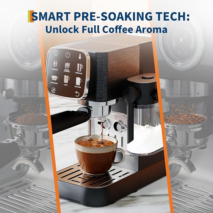 LALFPET 20 Bar Professional Italian coffee Machine  Fully Automatic Coffee Maker with Milk Frother  Touchscreen Control  Adjustable Temperature  Quick Heating  Stainless Steel  Black - Image 3