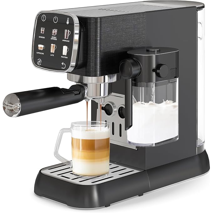 LALFPET 20 Bar Professional Italian coffee Machine  Fully Automatic Coffee Maker with Milk Frother  Touchscreen Control  Adjustable Temperature  Quick Heating  Stainless Steel  Black - Image 1