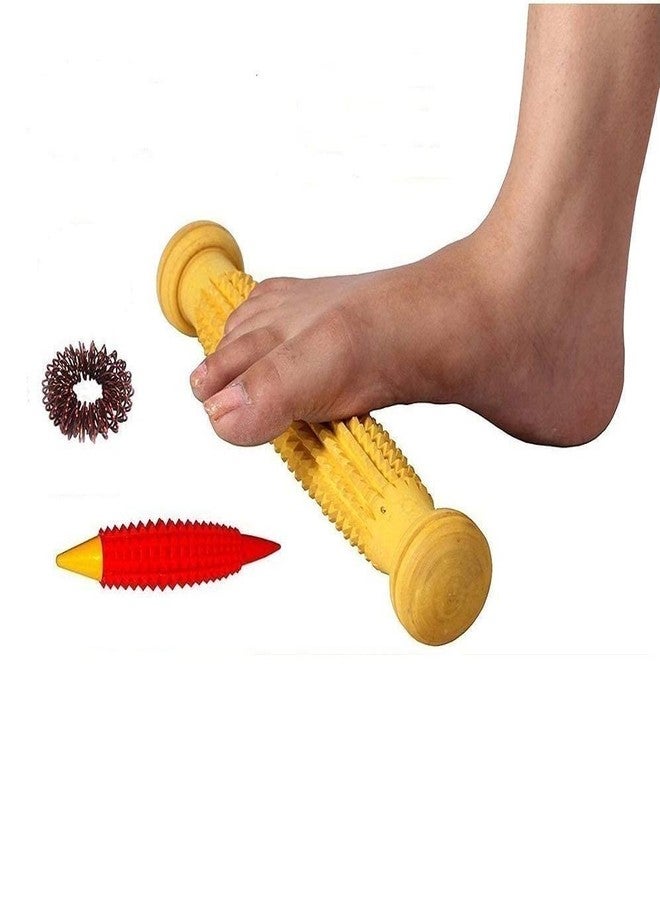 AHCS Accu-pressure Wooden Foot Plain with Karela Roller and Sujok Finger Ring Kit Combo Pack of 3 Items - Image 1