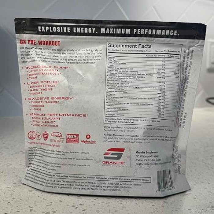 Granite Supplements Granite GX Pre Workout Supplement, Sour Power Flavor, Supports Focus, Energy, & Performance with Teacrine, L-Citrulline, Betaine, & A-GPC (20 Servings) - Image 3