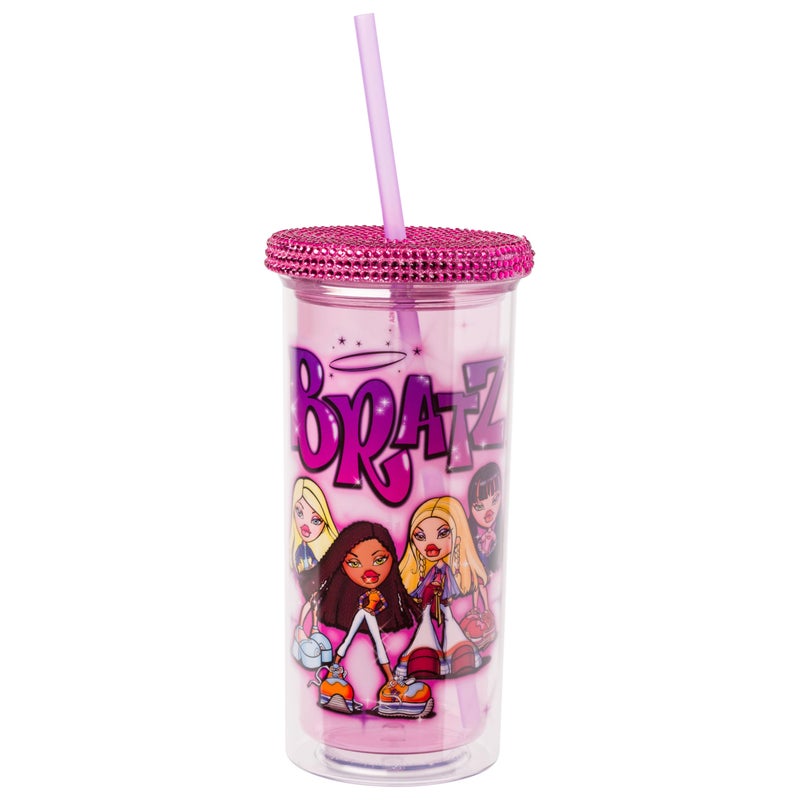 Silver Buffalo Bratz Featuring Cloe Yasmin Jade and Sasha Plastic Tall Cold Cup with Rhinestones Lid and Straw 20 Ounces