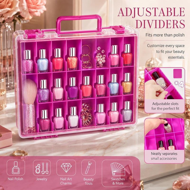 ALCYON Clear Nail Polish Organizer Case, 48-Compartment Double-Sided Nail Polish Storage Box with Adjustable Dividers, Portable Plastic Holder for Gel Polish Bottles, Nail Art Supplies, Jewelry (Purple) - Image 3