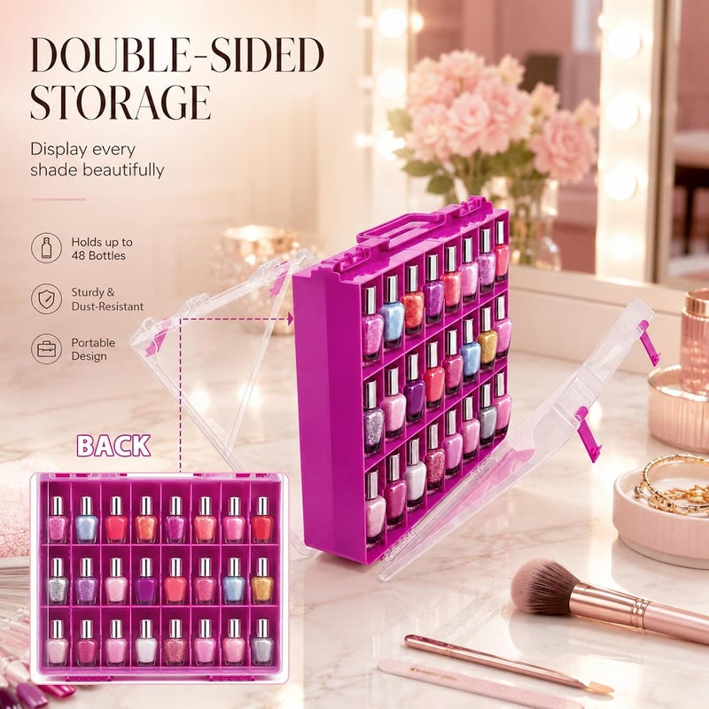 ALCYON Clear Nail Polish Organizer Case, 48-Compartment Double-Sided Nail Polish Storage Box with Adjustable Dividers, Portable Plastic Holder for Gel Polish Bottles, Nail Art Supplies, Jewelry (Purple) - Image 2