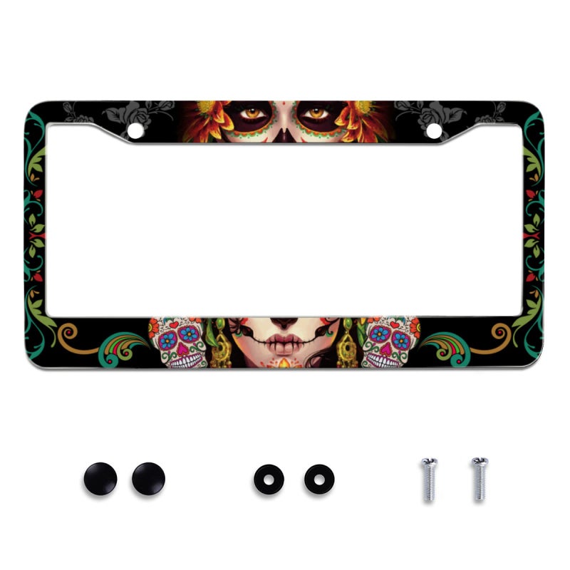 Omw2fyb Personalise Sugar Skull Retro License Plate Frame Colorful Candy Skulls License Plate Car Universal Stainless Steel Accessories Cars Decor 2 Holes Screws Fits Standard US Vehicles Size 122 x 6 Inch - Image 3