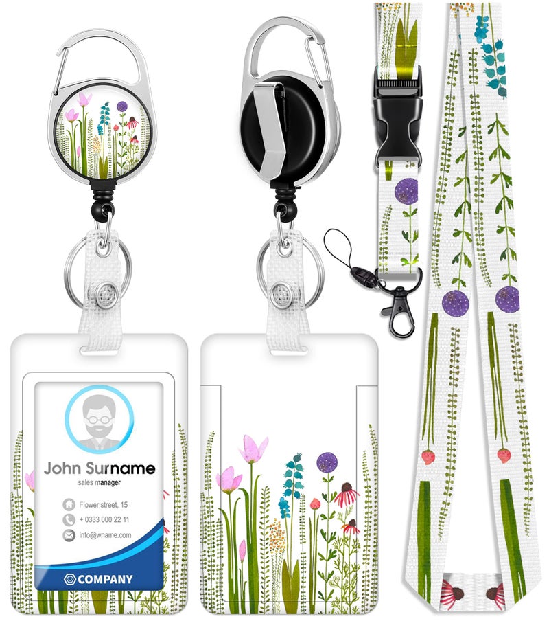 Toykee ID Badge Holder with Lanyard and Retractable Badge Reel Clip, Flower Bouquet Floral Pattern Card Name Tag Lanyard Vertical ID Protector Bage Clips for Nurse Nursing Doctor Teacher Student - Image 1