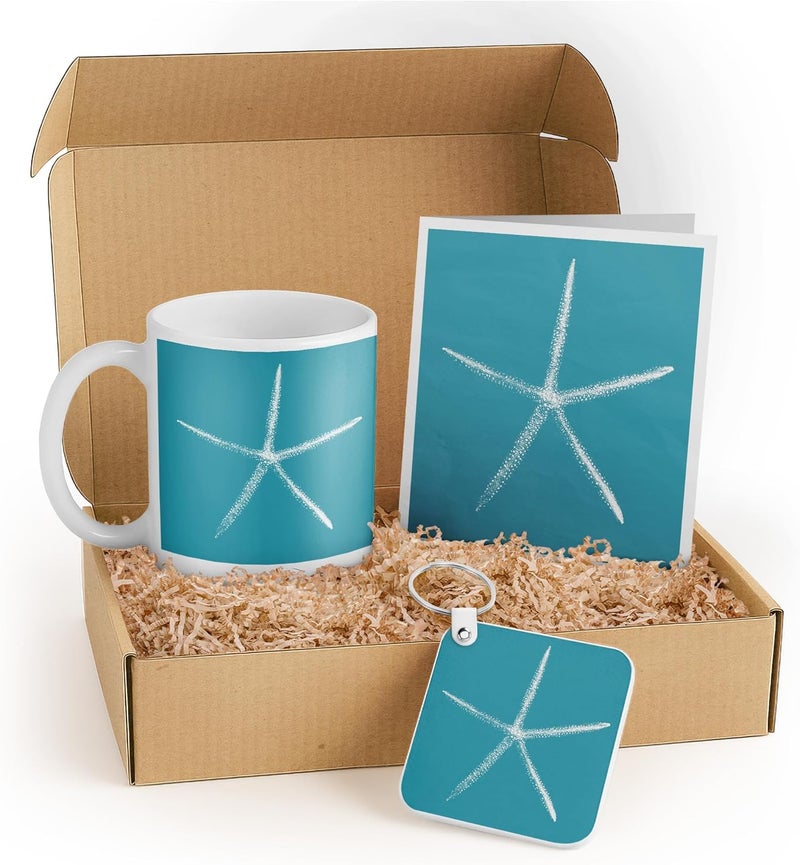 3dRose Coastal Decor Gift Set  Mug Keychain Coaster  Teal Starfish Design  Perfect for Beach Lovers Housewarming or Birthdays - Image 1