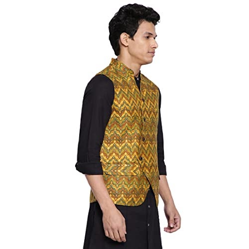 Fabindia Men's Yellow Viscose Silk Slim Fit Printed Nehru Jacket (102589001_Mango - Image 3