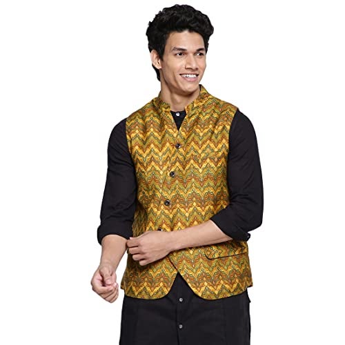 Fabindia Men's Yellow Viscose Silk Slim Fit Printed Nehru Jacket (102589001_Mango - Image 1