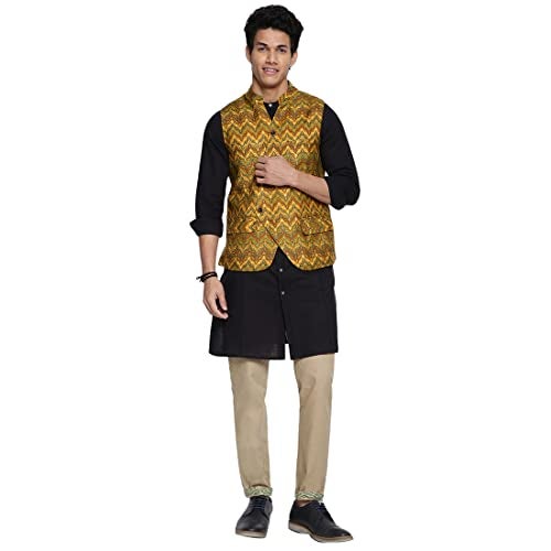 Fabindia Men's Yellow Viscose Silk Slim Fit Printed Nehru Jacket (102589001_Mango - Image 5