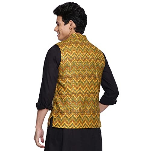 Fabindia Men's Yellow Viscose Silk Slim Fit Printed Nehru Jacket (102589001_Mango - Image 4