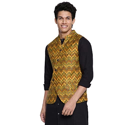 Fabindia Men's Yellow Viscose Silk Slim Fit Printed Nehru Jacket (102589001_Mango - Image 2