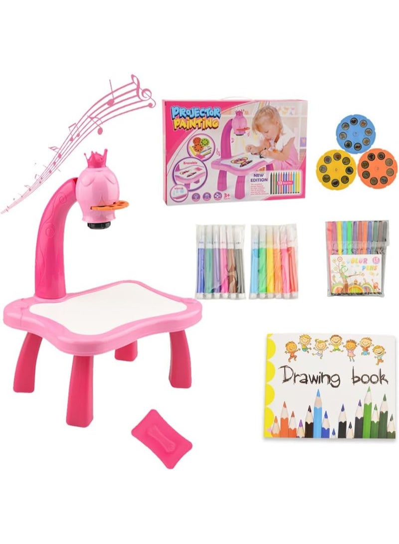 Kids Art Drawing Table with Smart LED Projector, Pink Learning Desk with Light and Music, Educational Painting Table with Accessories, Portable Activity Desk for Home and Schoo - Image 1