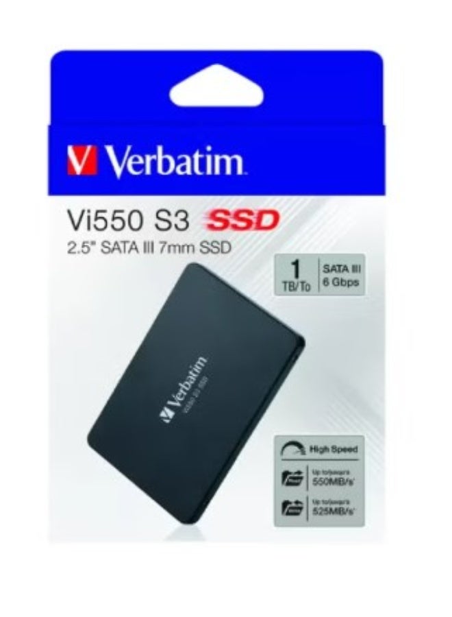 VERBATIM قرص صلب داخلي Verbatim Vi550 S3 SSD بسعة تخزين 1 تيرابايت، قرص صلب بحجم 2.5 بوصة بواجهة SATA III وتقنية NAND ثلاثية الأبعاد، أسود - Image 1