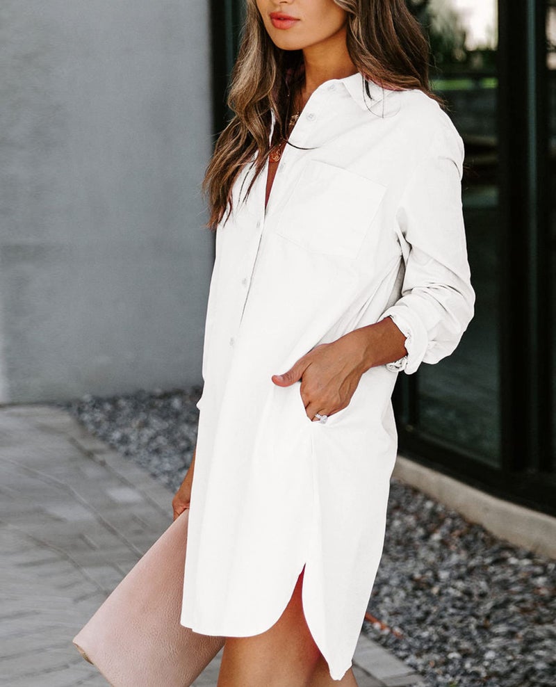 Aoudery Womens Button Down Shirt Dresses with Pockets Cotton Button Up Tunics Long Sleeve Solid High Low Blouse Tops-White-L - Image 3