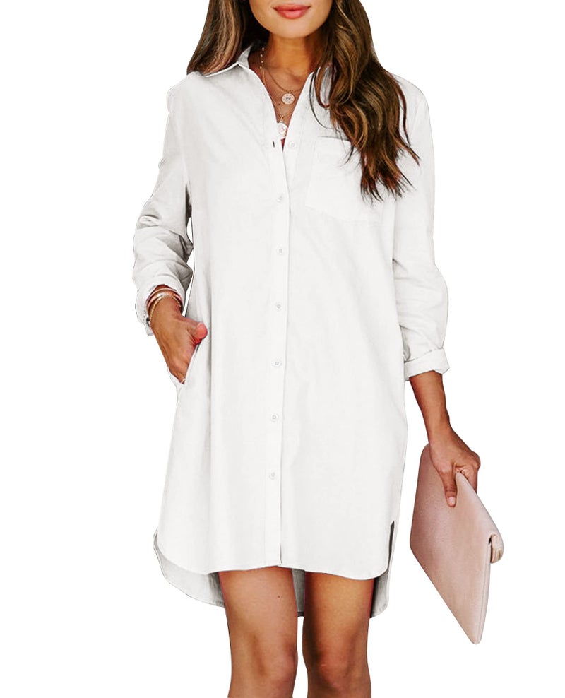 Aoudery Womens Button Down Shirt Dresses with Pockets Cotton Button Up Tunics Long Sleeve Solid High Low Blouse Tops-White-L - Image 1