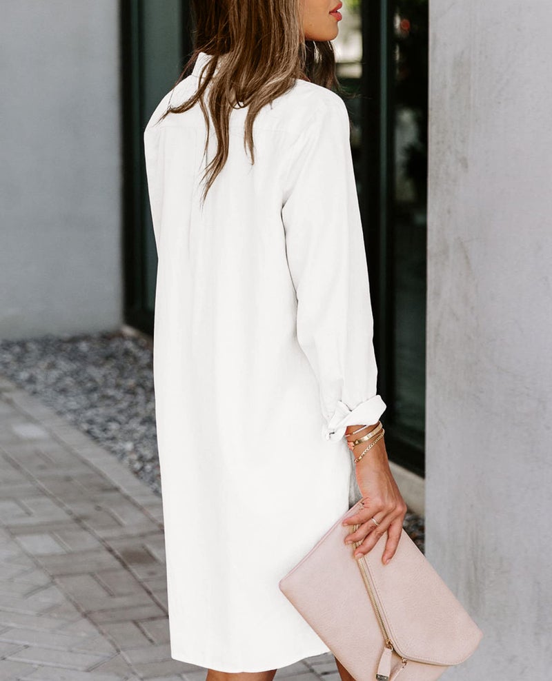 Aoudery Womens Button Down Shirt Dresses with Pockets Cotton Button Up Tunics Long Sleeve Solid High Low Blouse Tops-White-L - Image 2